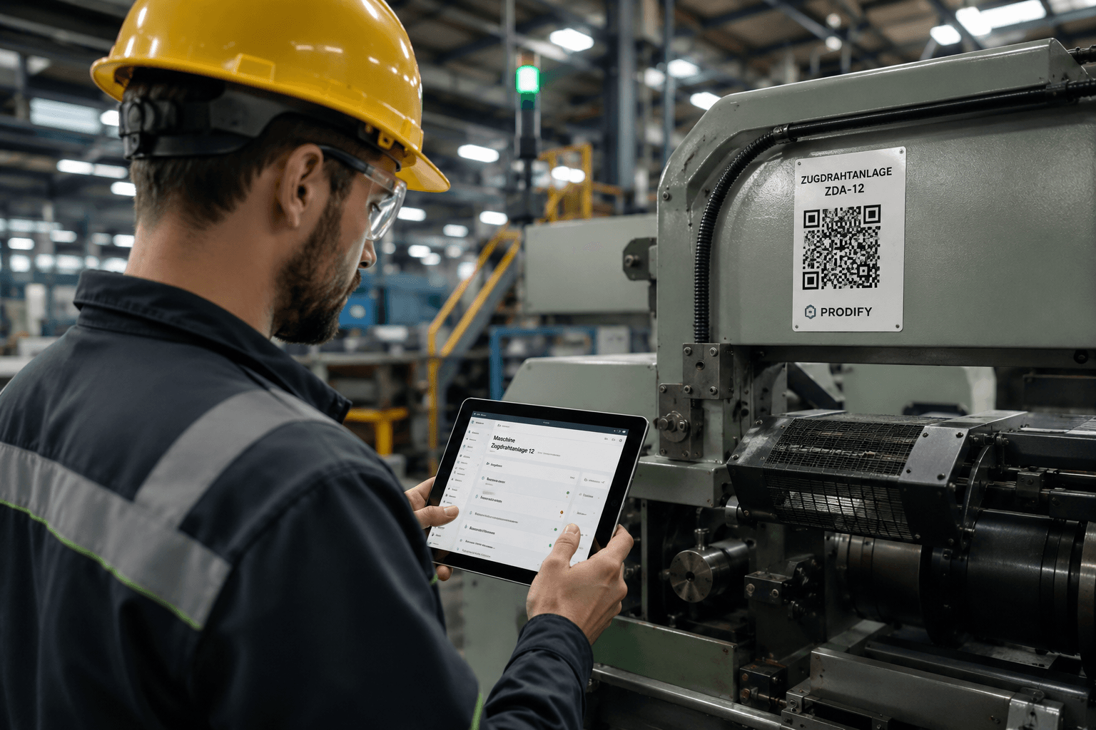 Mitarbeiter scannt eine Maschine mit dem Smartphone