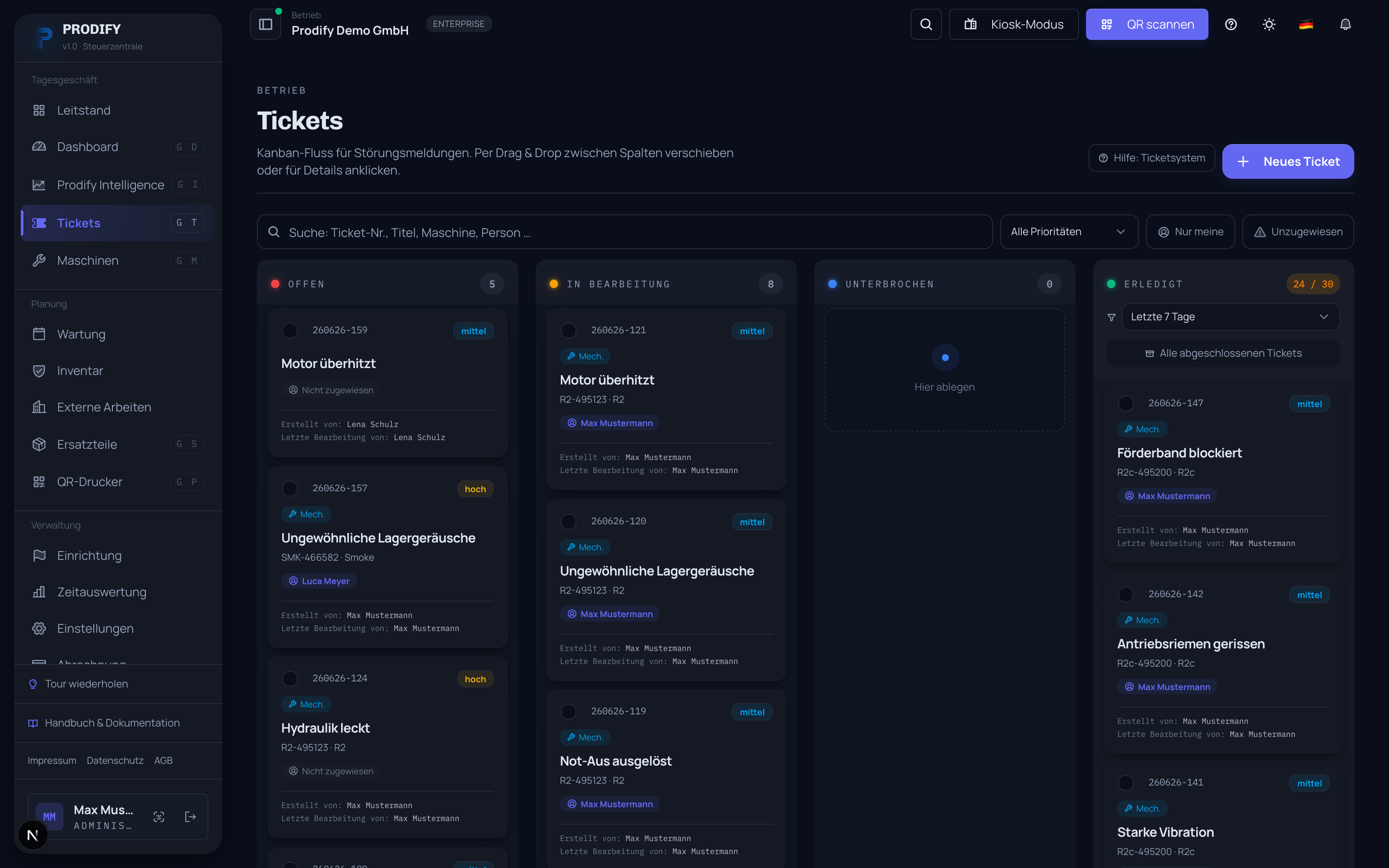 Das Kanban-Board der Tickets in Prodify