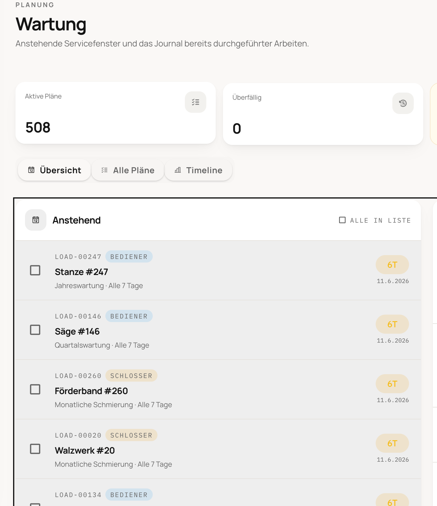 Wartungsübersicht in Prodify